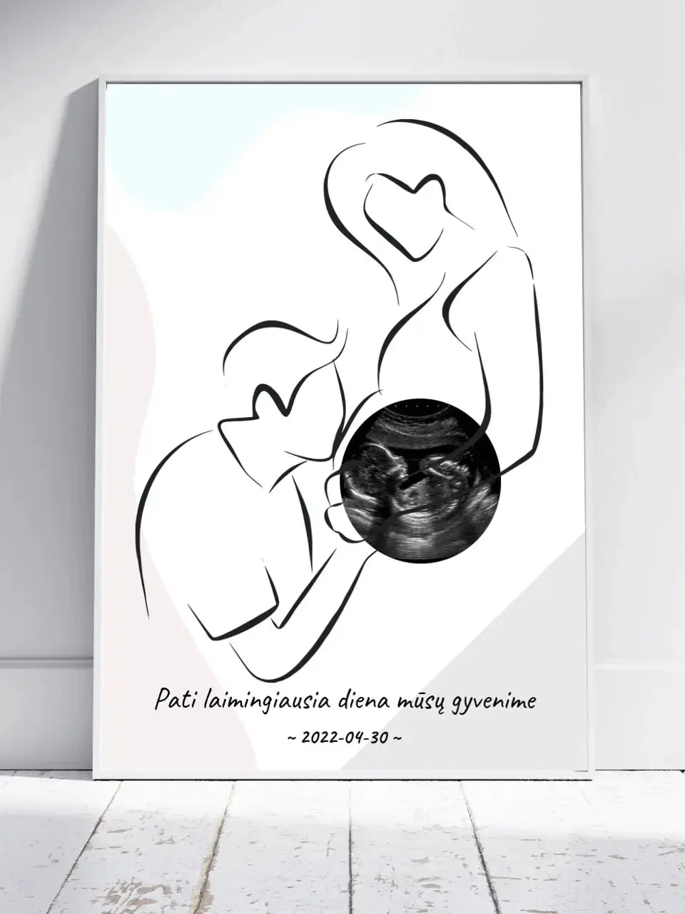 Personalizuota nėščiųjų echoskopijos tyrimo nuotraką, plakatas su rėmeliu ir linijine iliustracija  Poster -  dovanokis.lt