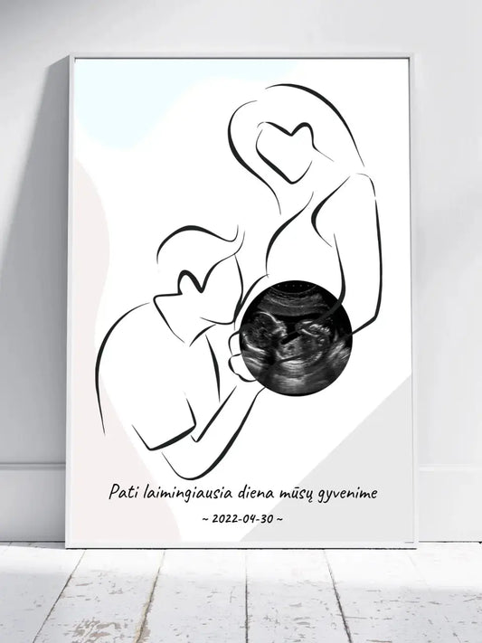 Personalizuota nėščiųjų echoskopijos tyrimo nuotraką, plakatas su rėmeliu ir linijine iliustracija  Poster -  dovanokis.lt