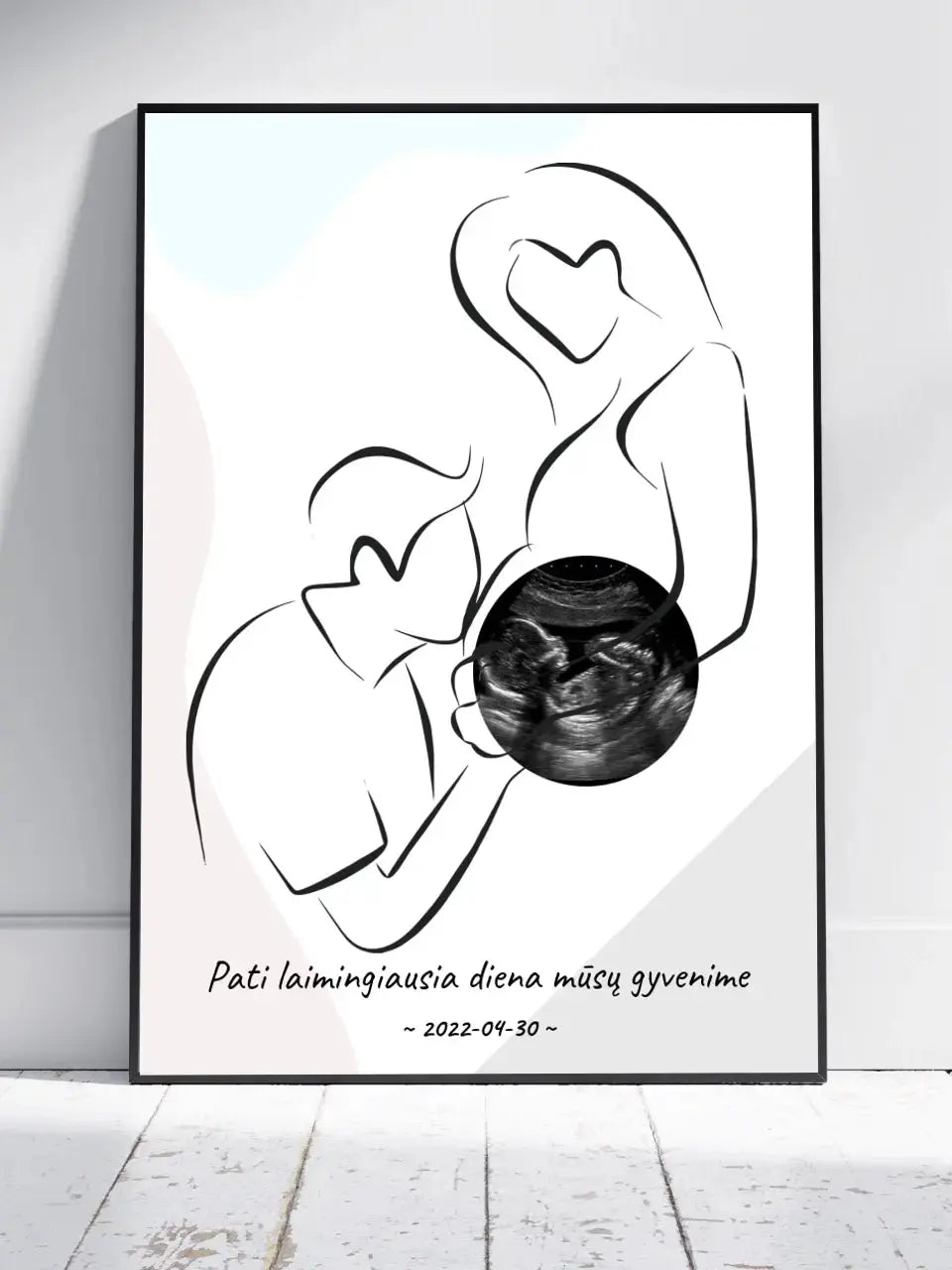 Personalizuota nėščiųjų echoskopijos tyrimo nuotraką, plakatas su rėmeliu ir linijine iliustracija  Poster -  dovanokis.lt