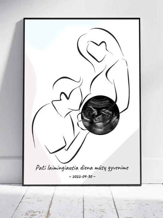 Personalizuota nėščiųjų echoskopijos tyrimo nuotraką, plakatas su rėmeliu ir linijine iliustracija  Poster -  dovanokis.lt