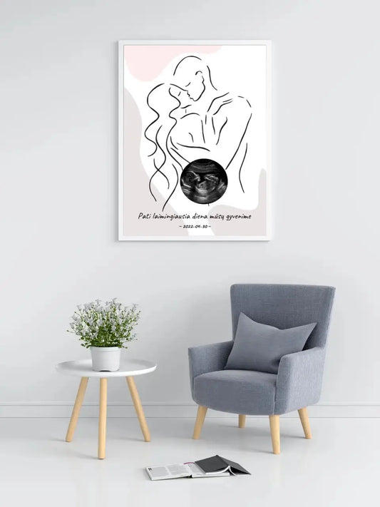 Personalizuota nėščiųjų echoskopijos tyrimo nuotraką, plakatas su rėmeliu ir linijine iliustracija  Poster -  dovanokis.lt