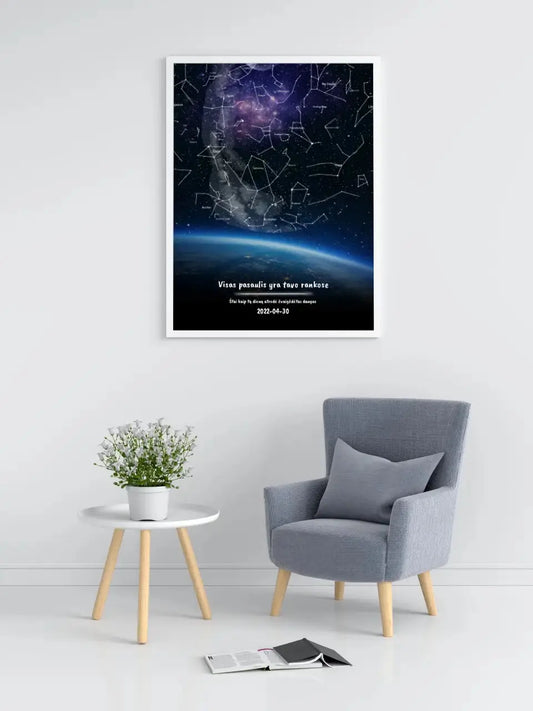 Personalizuotas viso spektro žvaigždžių žemėlapis, plakatas su rėmeliu, žemės mėlynas šešėlis  Poster -  dovanokis.lt