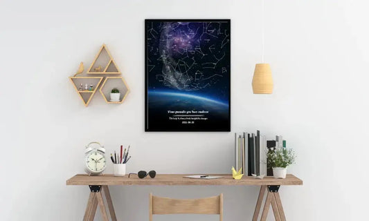 Personalizuotas viso spektro žvaigždžių žemėlapis, plakatas su rėmeliu, žemės mėlynas šešėlis  Poster -  dovanokis.lt