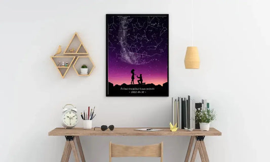 Personalizuotas viso spektro žvaigždžių žemėlapis, plakatas su rėmeliu, su santuokos silueto pasirinkimu  Poster -  dovanokis.lt