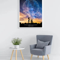 Personalizuotas žvaigždžių žemėlapis, plakatas su rėmeliu, su santuokos pasiūlymo siluetu  Poster -  dovanokis.lt