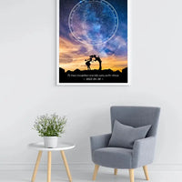 Personalizuotas žvaigždžių žemėlapis, plakatas su rėmeliu, su Meilės istorijos pasirinktu siluetu  Poster -  dovanokis.lt