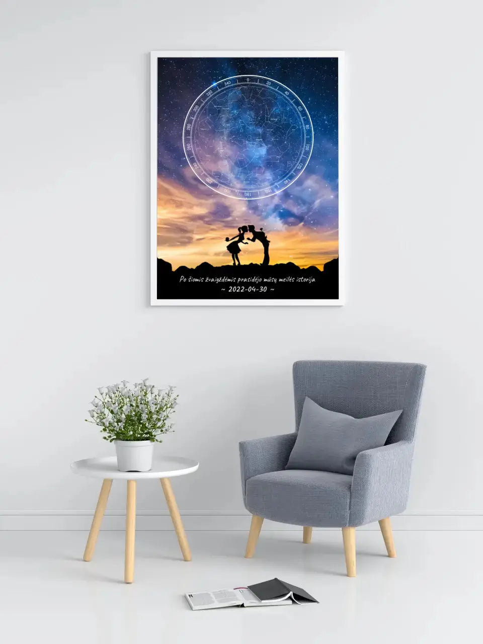 Personalizuotas žvaigždžių žemėlapis, plakatas su rėmeliu, su Meilės istorijos pasirinktu siluetu  Poster -  dovanokis.lt