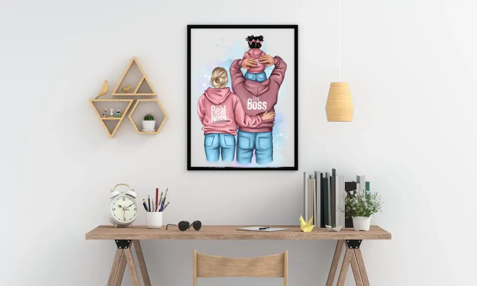 Personalizuotas "Tikra boso šeima" iliustracija su vaiku, plakatas su rėmeliu