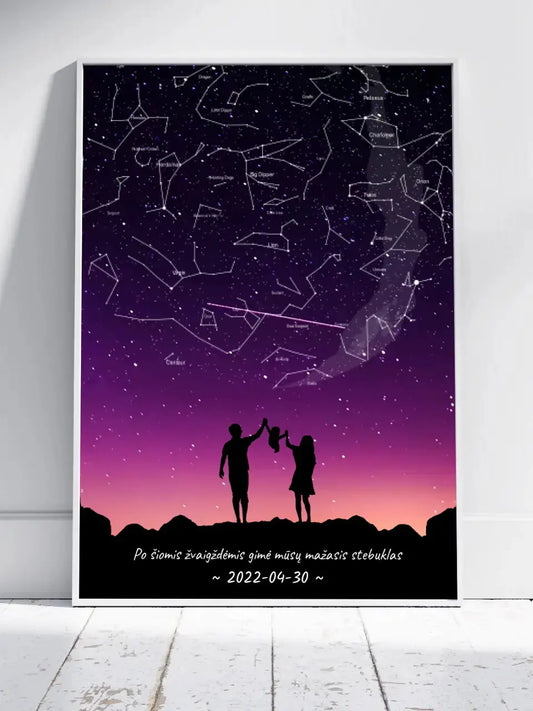 Personalizuotas viso spektro žvaigždžių žemėlapis, plakatas su rėmeliu, su Šeimos pasirinktu siluetu  Poster -  dovanokis.lt