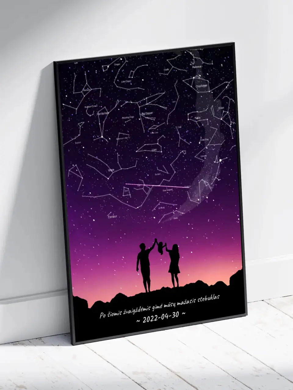 Personalizuotas viso spektro žvaigždžių žemėlapis, plakatas su rėmeliu, su Šeimos pasirinktu siluetu  Poster -  dovanokis.lt
