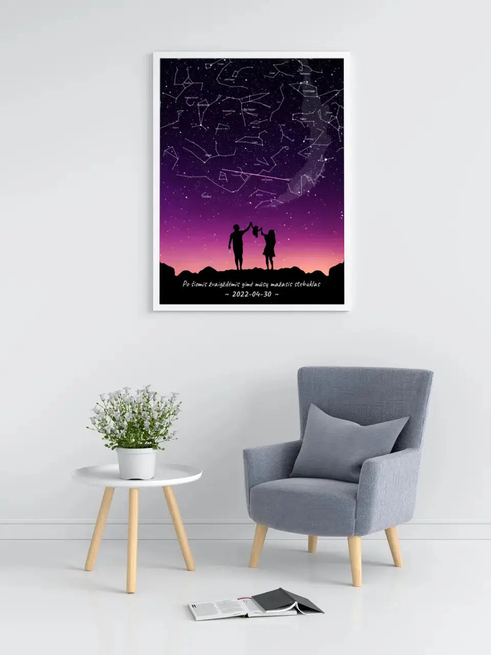 Personalizuotas viso spektro žvaigždžių žemėlapis, plakatas su rėmeliu, su Šeimos pasirinktu siluetu  Poster -  dovanokis.lt