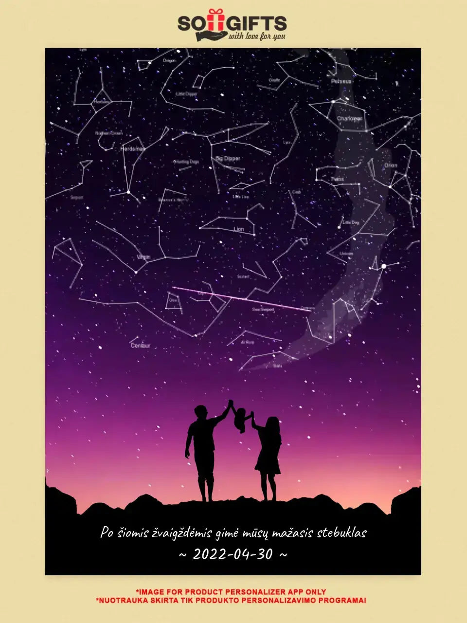 Personalizuotas viso spektro žvaigždžių žemėlapis, plakatas su rėmeliu, su Šeimos pasirinktu siluetu  Poster -  dovanokis.lt