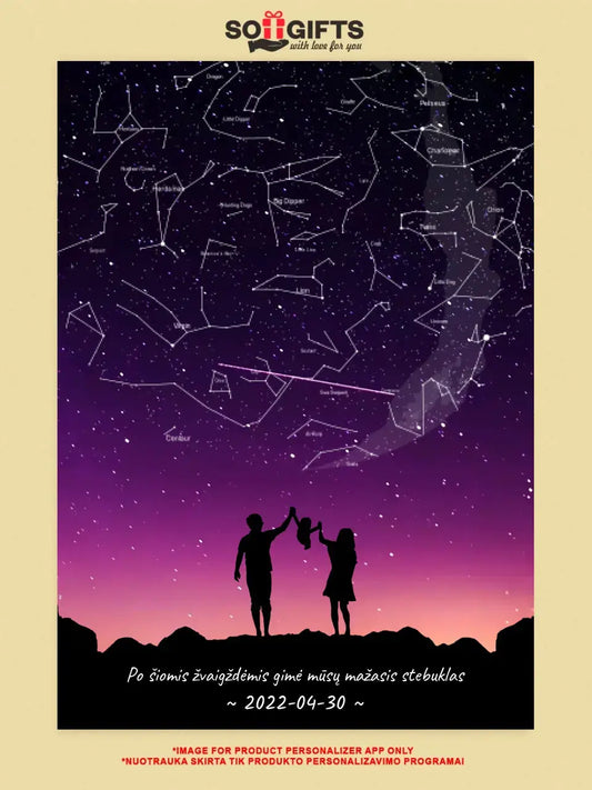 Personalizuotas viso spektro žvaigždžių žemėlapis, plakatas su rėmeliu, su Šeimos pasirinktu siluetu  Poster -  dovanokis.lt