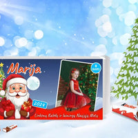 Personalizuota Kinder 8 batonėlių šokoladinė dėžutė su jūsų nuotrauka, Kalėdinė versija su Kalėdų seneliu TeeInBlue