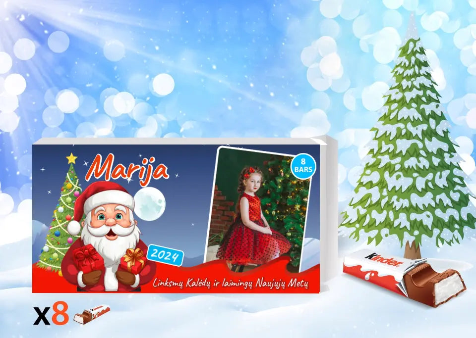 Personalizuota Kinder 8 batonėlių šokoladinė dėžutė su jūsų nuotrauka, Kalėdinė versija su Kalėdų seneliu