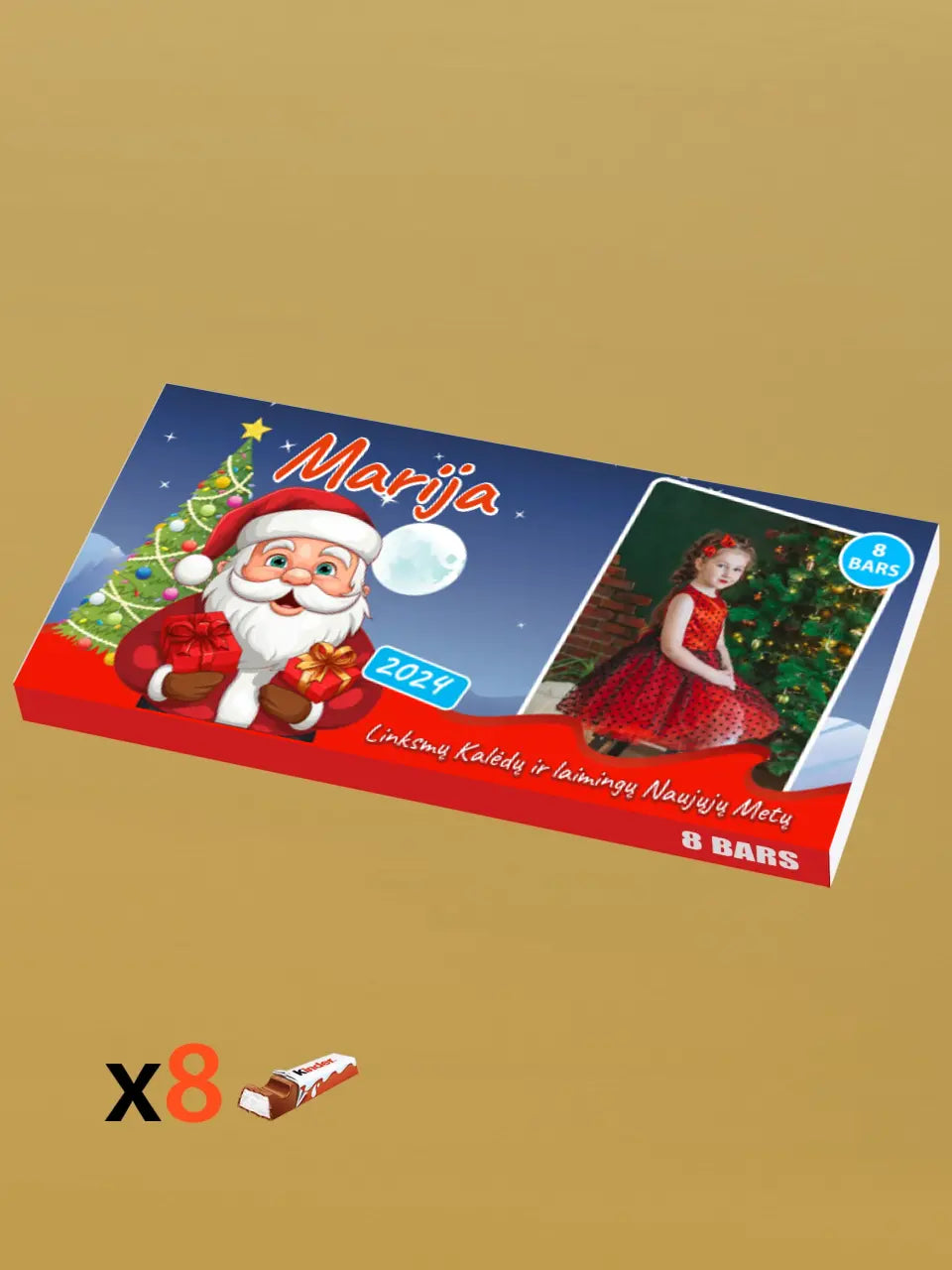 Personalizuota Kinder 8 batonėlių šokoladinė dėžutė su jūsų nuotrauka, Kalėdinė versija su Kalėdų seneliu