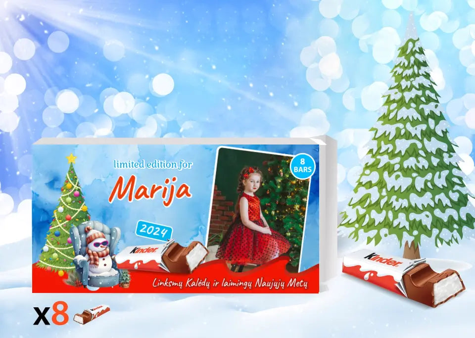 Personalizuota Kinder 8 batonėlių šokoladinė dėžutė su jūsų nuotrauka, Kalėdinė versija su bosu sniego seneliu