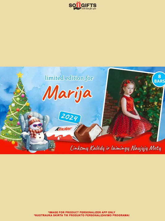 Personalizuota Kinder 8 batonėlių šokoladinė dėžutė su jūsų nuotrauka, Kalėdinė versija su bosu sniego seneliu TeeInBlue