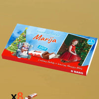 Personalizuota Kinder 8 batonėlių šokoladinė dėžutė su jūsų nuotrauka, Kalėdinė versija su bosu sniego seneliu TeeInBlue