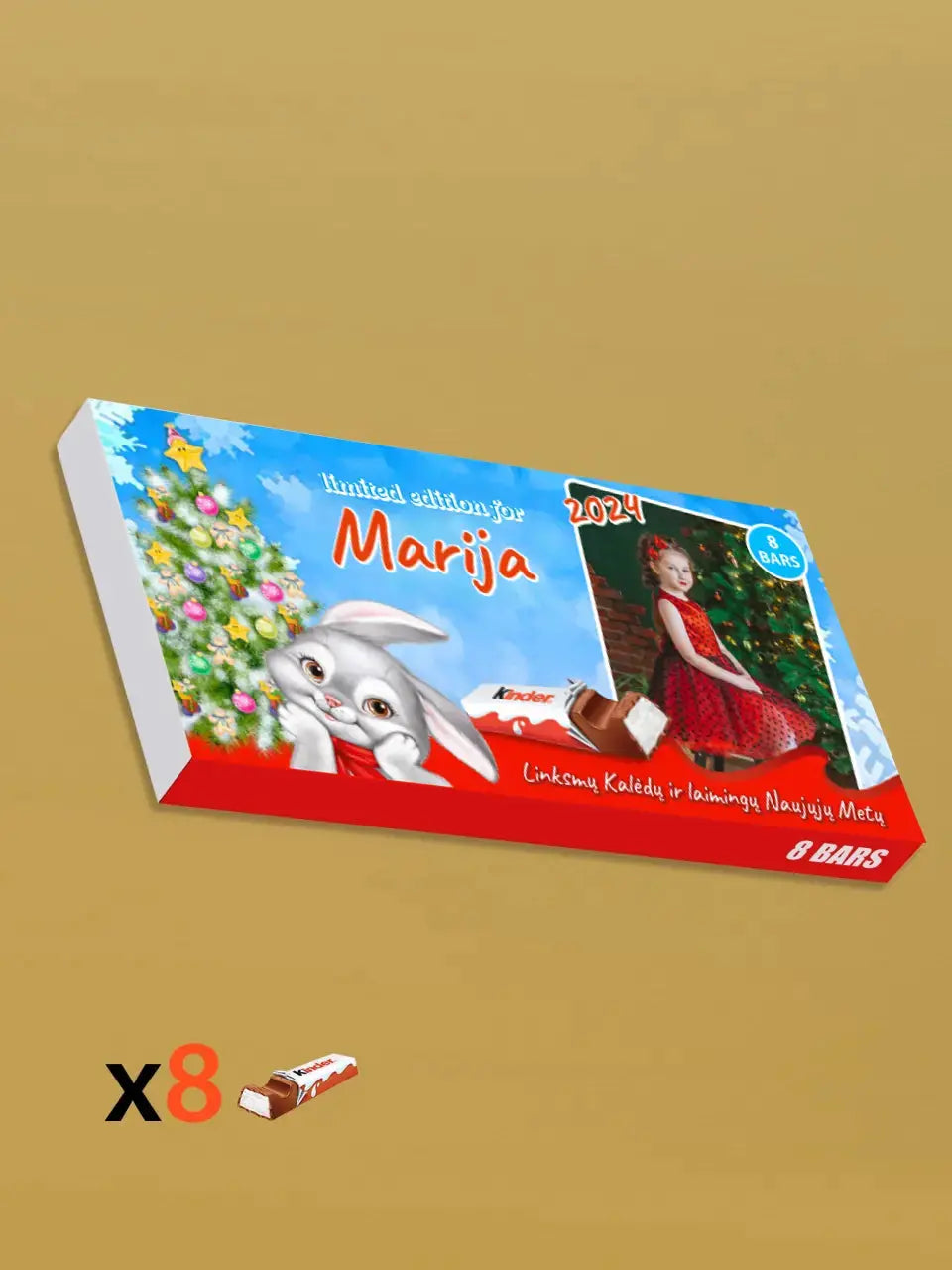 Personalizuota Kinder 8 batonėlių šokoladinė dėžutė su jūsų nuotrauka, Kalėdinė versija su kalėdiniu zuikučiu TeeInBlue