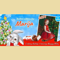 Personalizuota Kinder 8 batonėlių šokoladinė dėžutė su jūsų nuotrauka, Kalėdinė versija su kalėdiniu zuikučiu TeeInBlue