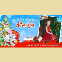 Personalizuota Kinder 8 batonėlių šokoladinė dėžutė su jūsų nuotrauka, Kalėdinė versija su kalėdiniu zuikučiu TeeInBlue