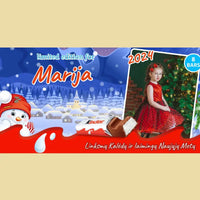 Personalizuota Kinder 8 batonėlių šokoladinė dėžutė su jūsų nuotrauka, Kalėdinė versija su sniego seneliu TeeInBlue