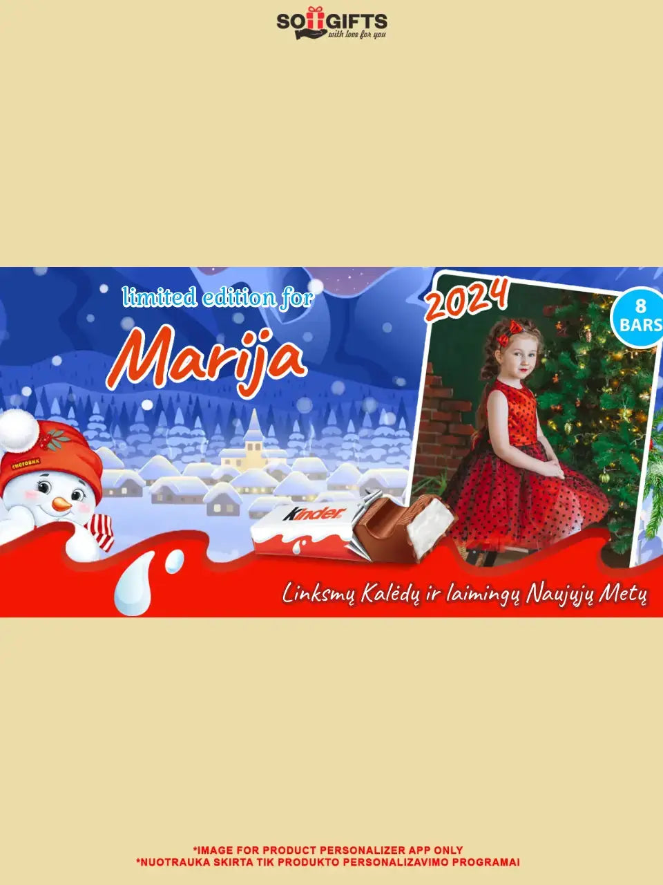 Personalizuota Kinder 8 batonėlių šokoladinė dėžutė su jūsų nuotrauka, Kalėdinė versija su sniego seneliu TeeInBlue