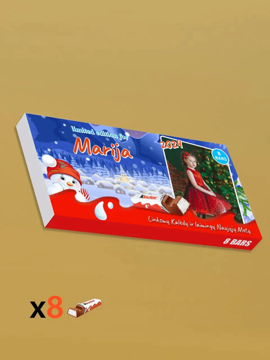 Personalizuota Kinder 8 batonėlių šokoladinė dėžutė su jūsų nuotrauka, Kalėdinė versija su sniego seneliu TeeInBlue