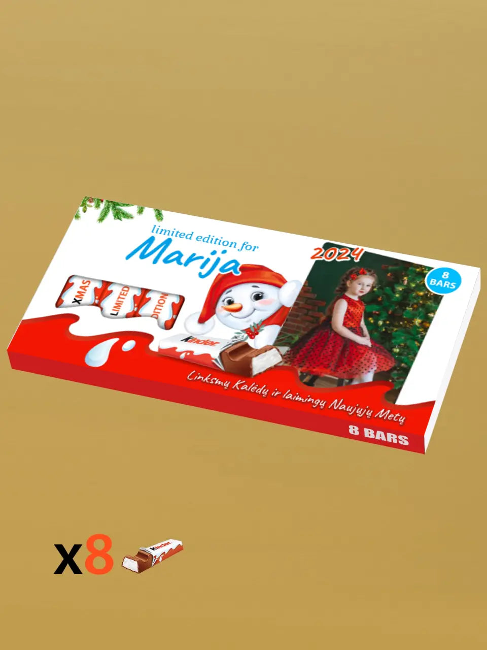 Personalizuota Kinder 8 batonėlių šokoladinė dėžutė su jūsų nuotrauka, Kalėdinė versija su sniego seneliu