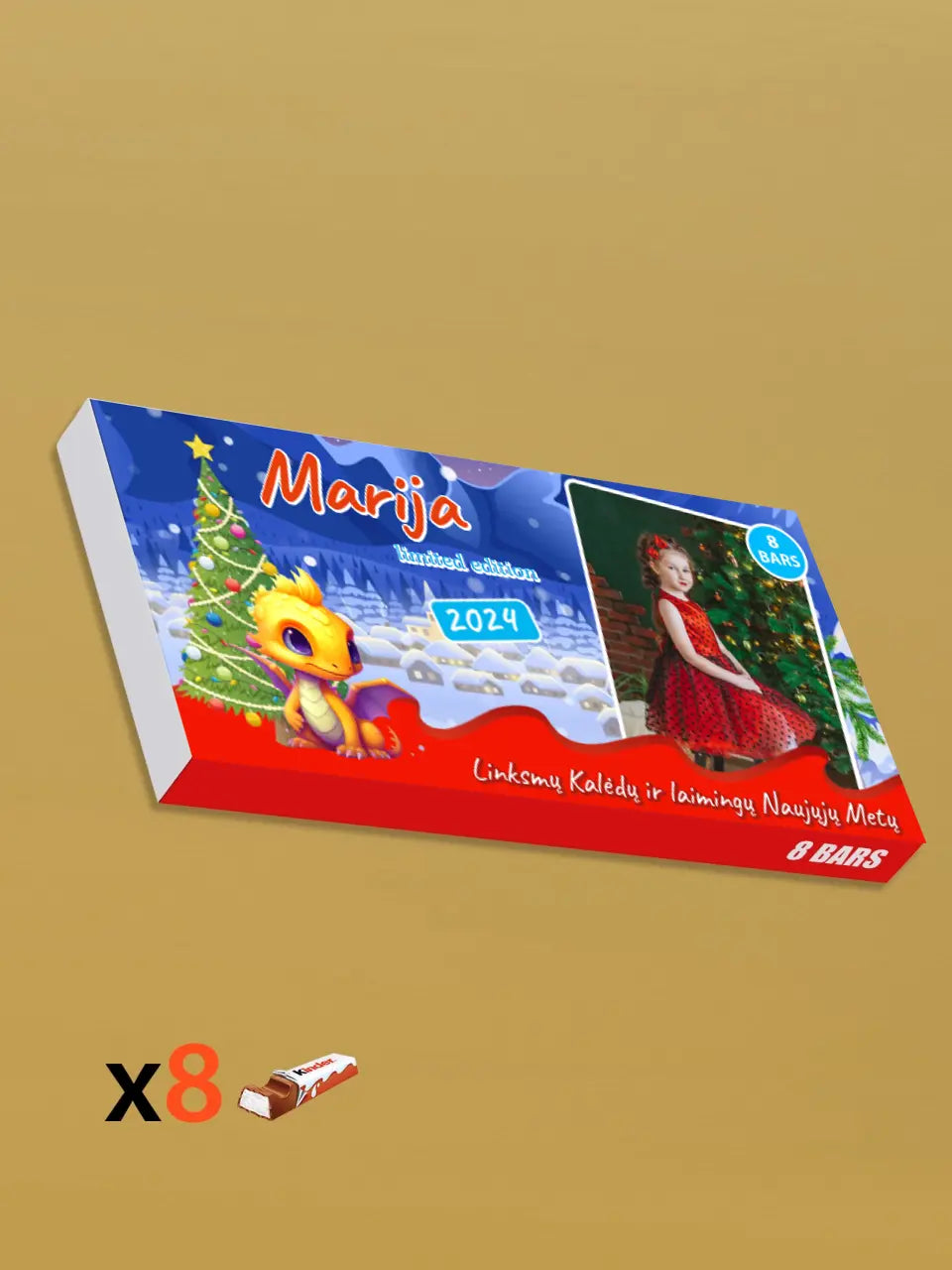 Personalizuota Kinder 8 batonėlių šokoladinė dėžutė su jūsų nuotrauka, Kalėdinė versija su pasirenkamais drakonų kūdikiais