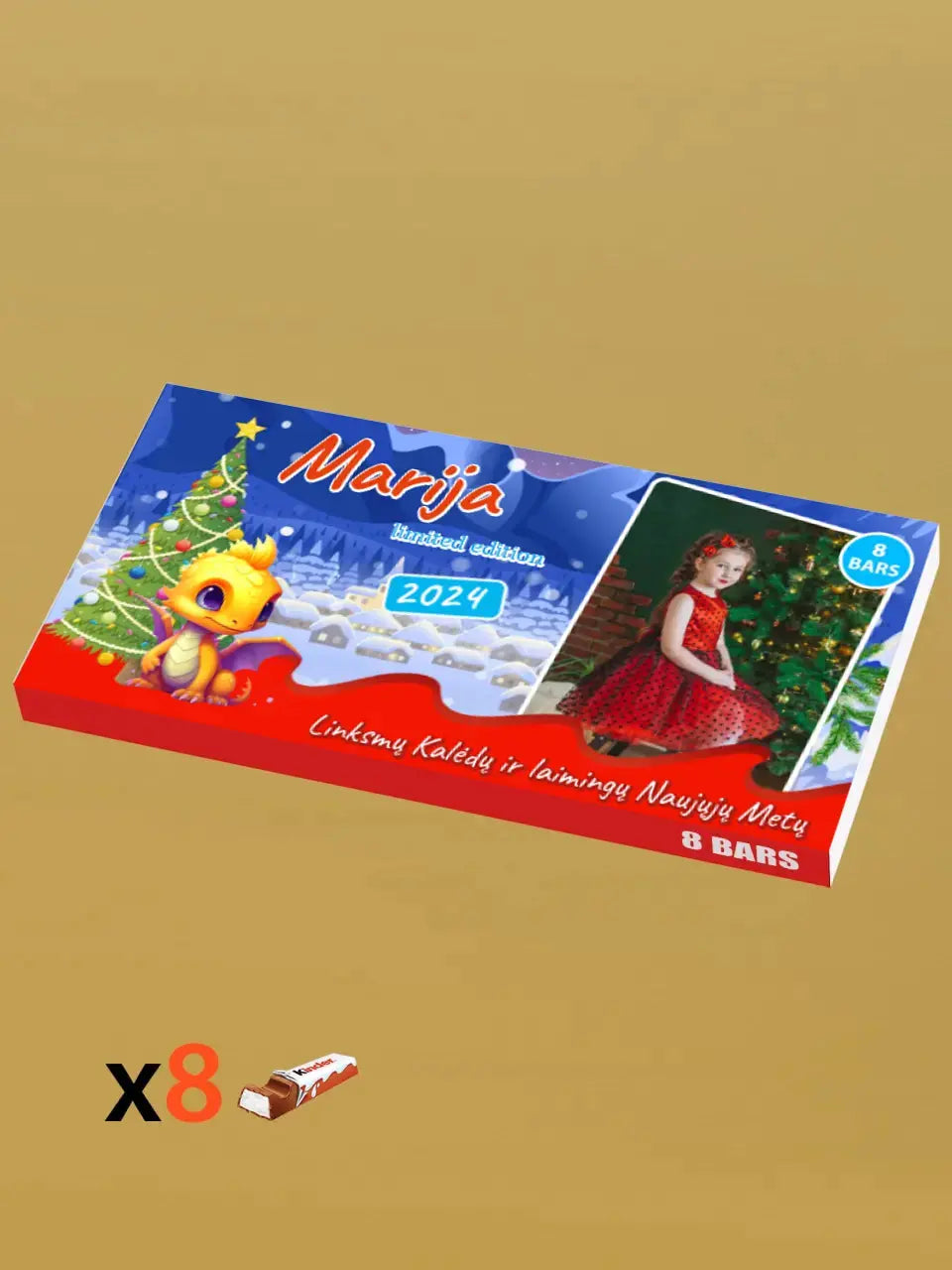 Personalizuota Kinder 8 batonėlių šokoladinė dėžutė su jūsų nuotrauka, Kalėdinė versija su pasirenkamais drakonų kūdikiais TeeInBlue