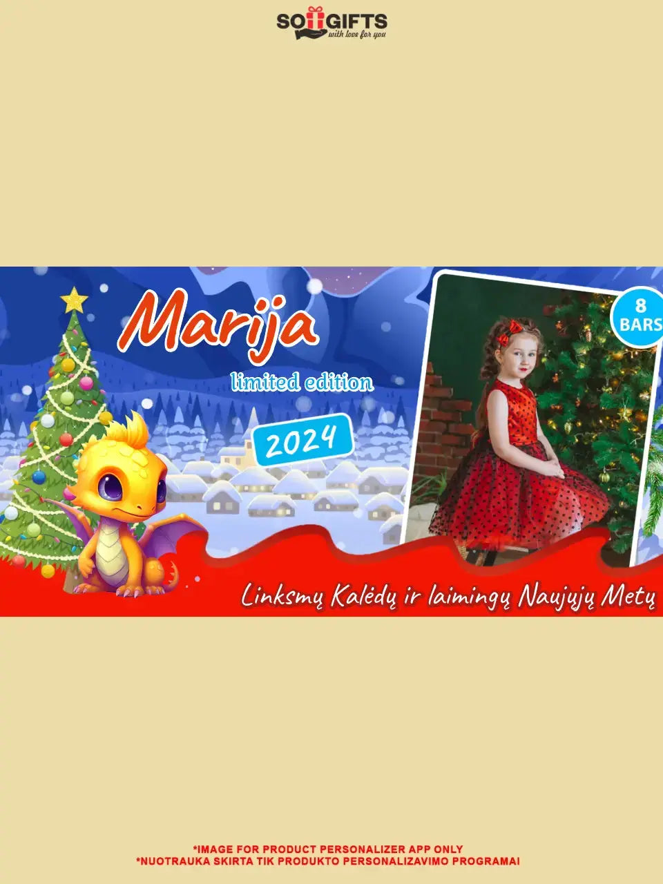 Personalizuota Kinder 8 batonėlių šokoladinė dėžutė su jūsų nuotrauka, Kalėdinė versija su pasirenkamais drakonų kūdikiais TeeInBlue