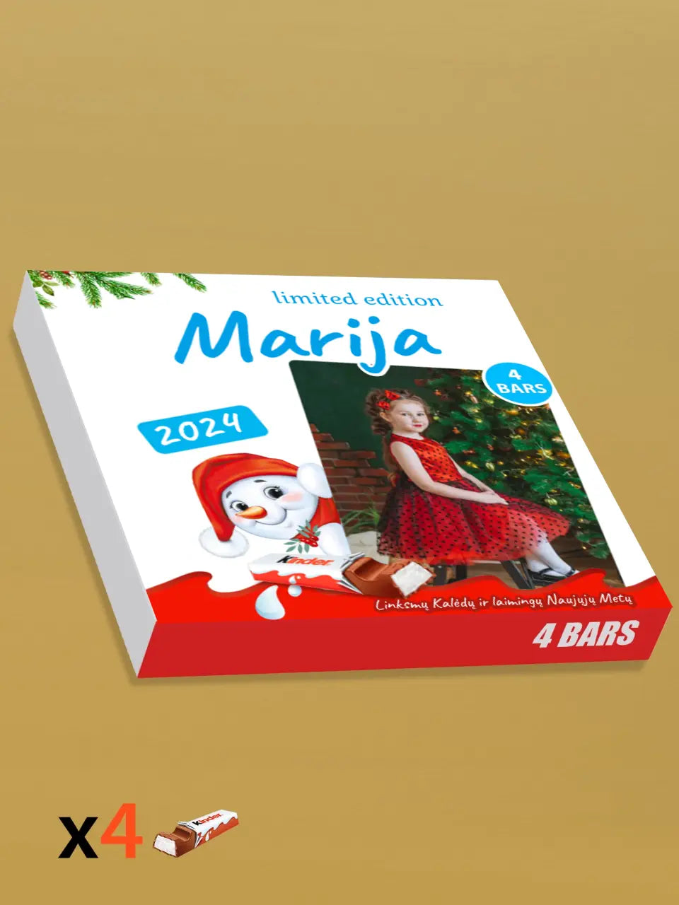 Personalizuota Kinder 4 batonėlių šokoladinė dėžutė su jūsų nuotrauka, Kalėdinė versija su sniego seneliu