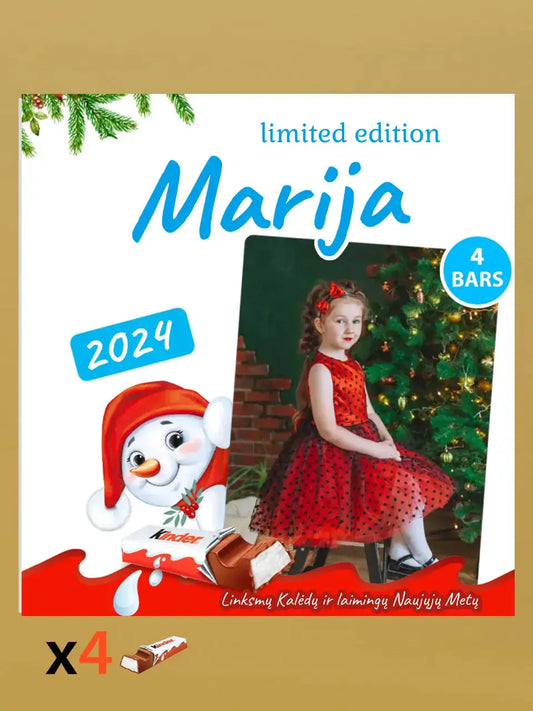 Personalizuota Kinder 4 batonėlių šokoladinė dėžutė su jūsų nuotrauka, Kalėdinė versija su sniego seneliu TeeInBlue