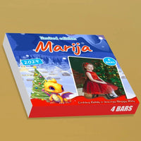 Personalizuota Kinder 4 batonėlių šokoladinė dėžutė su jūsų nuotrauka, Kalėdinė versija su pasirenkamais drakonų kūdikiais TeeInBlue