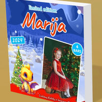 Personalizuota Kinder 4 batonėlių šokoladinė dėžutė su jūsų nuotrauka, Kalėdinė versija su pasirenkamais drakonų kūdikiais TeeInBlue