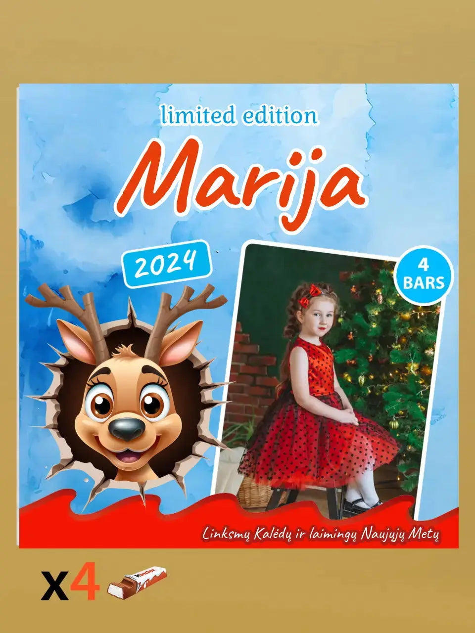 Personalizuota Kinder 4 batonėlių šokoladinė dėžutė su jūsų nuotrauka, Kalėdinė versija su animaciniais herojais TeeInBlue