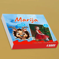 Personalizuota Kinder 4 batonėlių šokoladinė dėžutė su jūsų nuotrauka, Kalėdinė versija su animaciniais herojais TeeInBlue