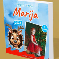 Personalizuota Kinder 4 batonėlių šokoladinė dėžutė su jūsų nuotrauka, Kalėdinė versija su animaciniais herojais TeeInBlue