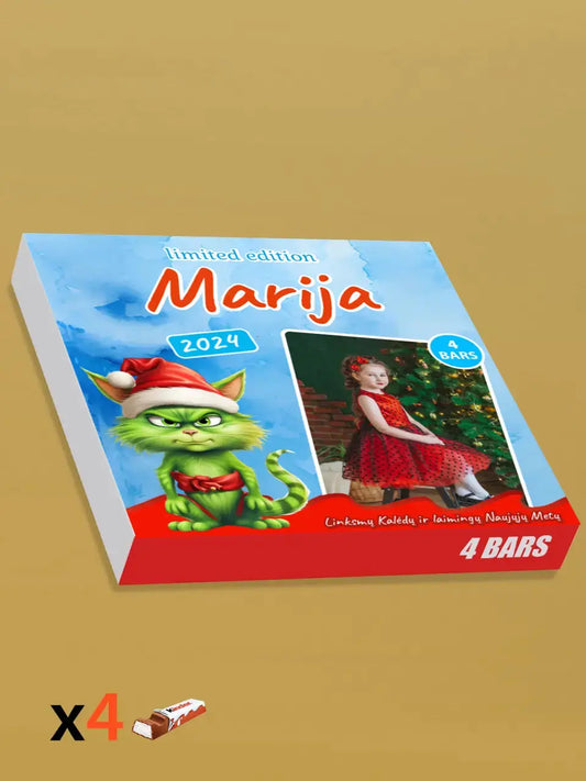 Personalizuota Kinder 4 batonėlių šokoladinė dėžutė su jūsų nuotrauka, Kalėdinė versija su katinu Grinchu TeeInBlue