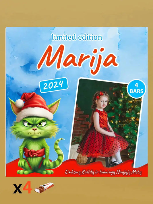 Personalizuota Kinder 4 batonėlių šokoladinė dėžutė su jūsų nuotrauka, Kalėdinė versija su katinu Grinchu TeeInBlue