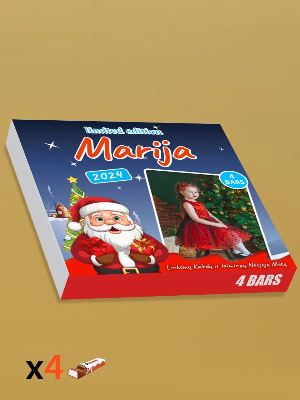 Personalizuota Kinder 4 batonėlių šokoladinė dėžutė su jūsų nuotrauka, Kalėdinė versija su Kalėdų seneliu