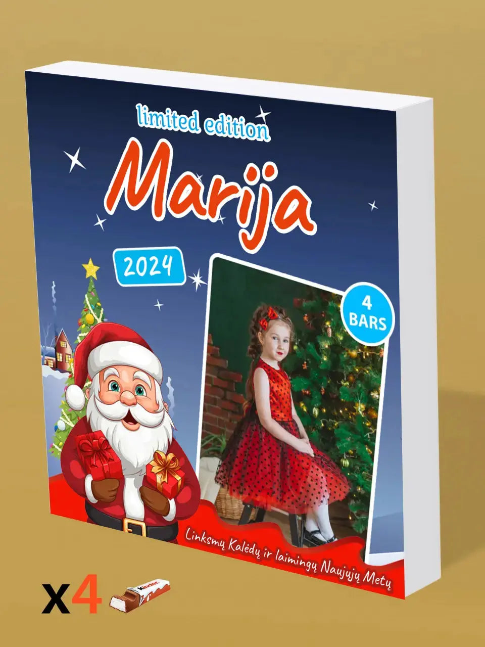 Personalizuota Kinder 4 batonėlių šokoladinė dėžutė su jūsų nuotrauka, Kalėdinė versija su Kalėdų seneliu TeeInBlue