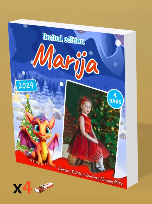 Personalizuota Kinder 4 batonėlių šokoladinė dėžutė su jūsų nuotrauka, Kalėdinė versija su pasirenkamais drakonais TeeInBlue