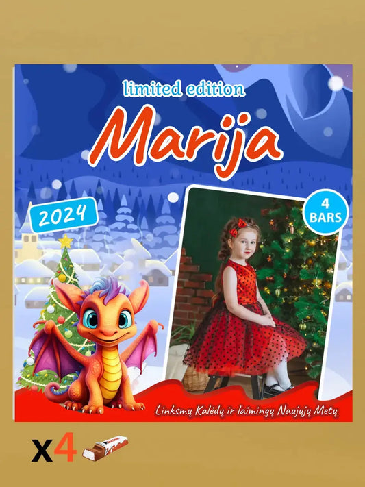 Personalizuota Kinder 4 batonėlių šokoladinė dėžutė su jūsų nuotrauka, Kalėdinė versija su pasirenkamais drakonais TeeInBlue