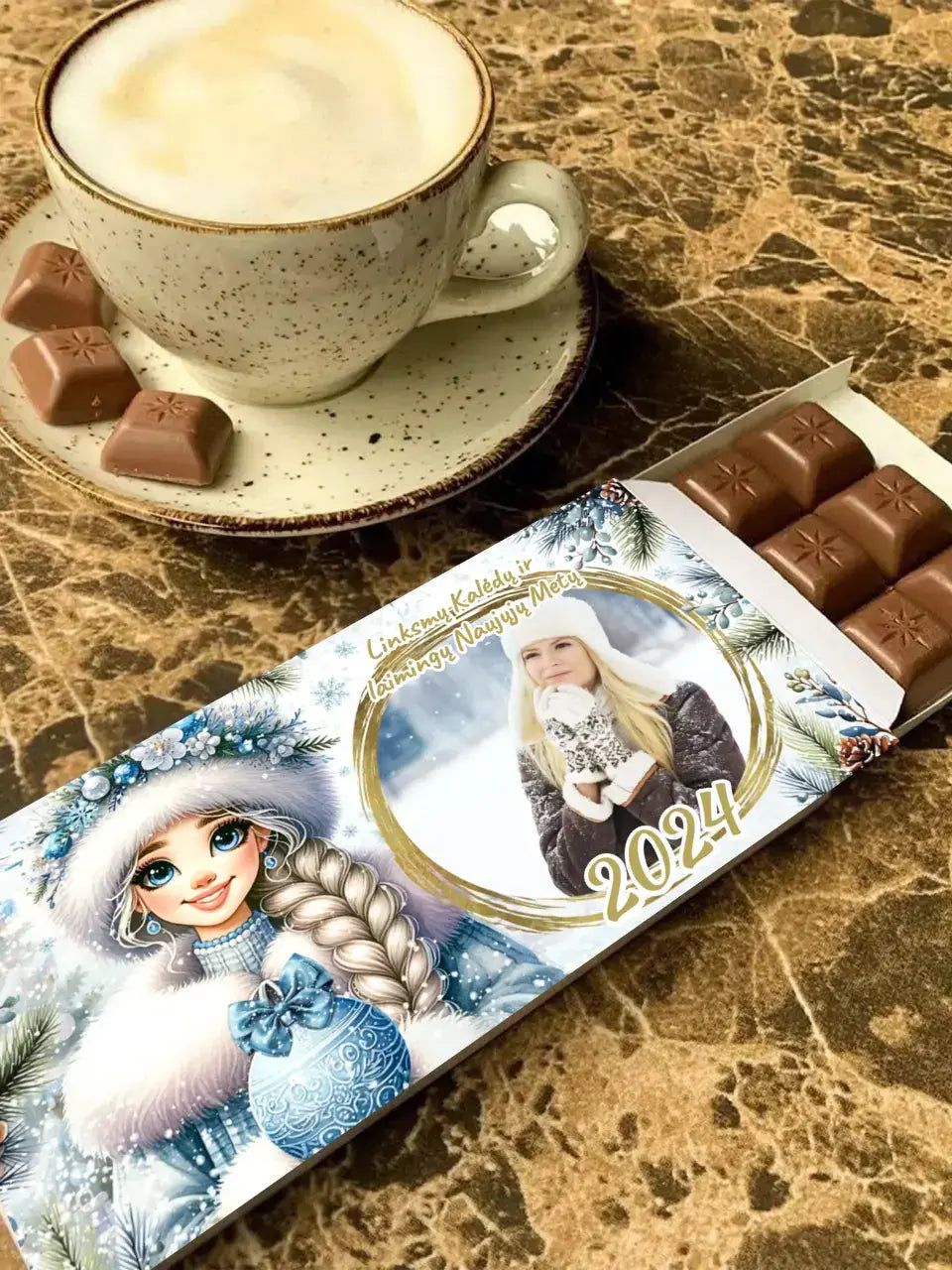 Personalizuotas "Kalėdinis dizainas 9“ šokoladas su jūsų nuotrauka TeeInBlue