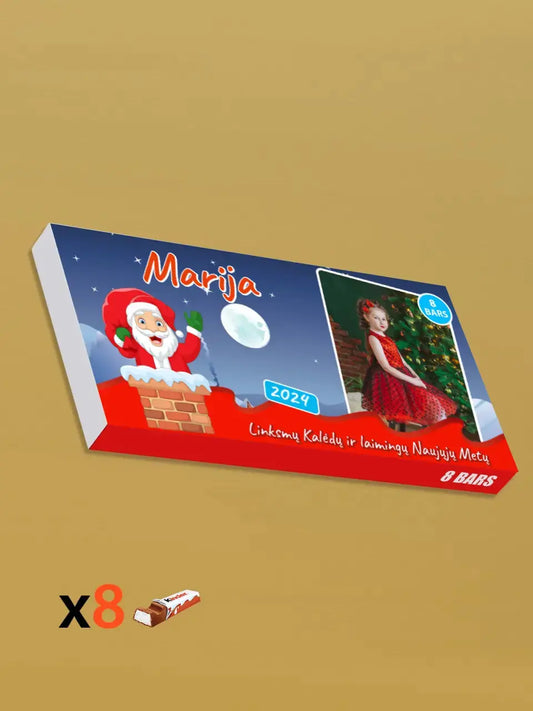 Personalizuota Kinder 8 batonėlių šokoladinė dėžutė su jūsų nuotrauka, Kalėdinis variantas su Kalėdų senelio pasirinkimu TeeInBlue