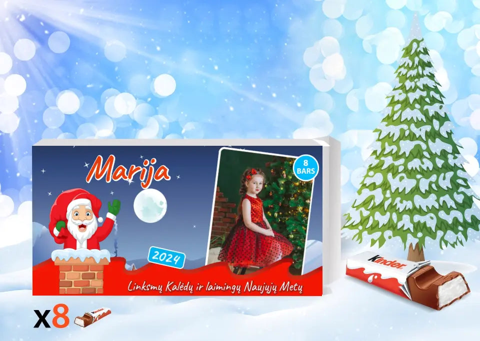 Personalizuota Kinder 8 batonėlių šokoladinė dėžutė su jūsų nuotrauka, Kalėdinis variantas su Kalėdų senelio pasirinkimu