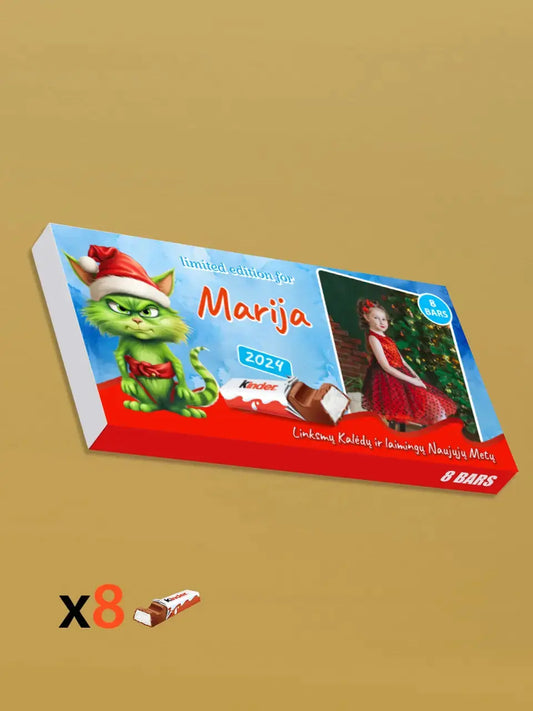 Personalizuota Kinder 8 batonėlių šokoladinė dėžutė su jūsų nuotrauka, Kalėdinė versija su katinu Grinchu TeeInBlue